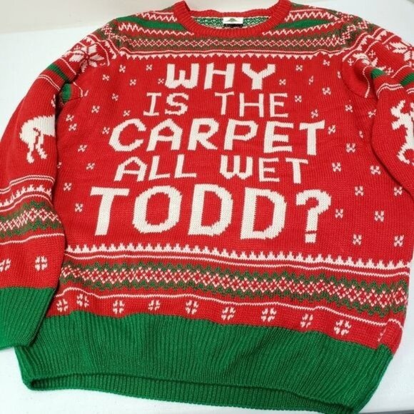 Why is the Carpet all Wet Todd Mens Christmas Vacation Ugly Sweater Size XL - Picture 5 of 5